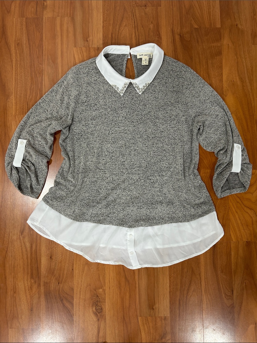 Faith and Joy Gray Layered-Look Tunic with White Collar